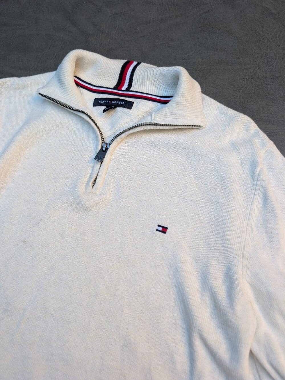 Tommy Hilfiger Quarter Zip Knit Sweater S Cream Stripe Preppy Business Casual